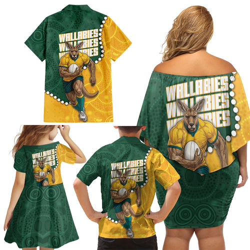 Australia Wallabies Rugby Mascot Family Matching Off Shoulder Short Dress and Hawaiian Shirt Indigenous Dot Art Style - Muscular Kangaroo Graphic