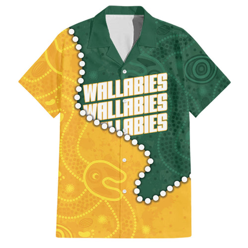 Australia Wallabies Rugby Mascot Family Matching Off Shoulder Short Dress and Hawaiian Shirt Indigenous Dot Art Style - Muscular Kangaroo Graphic