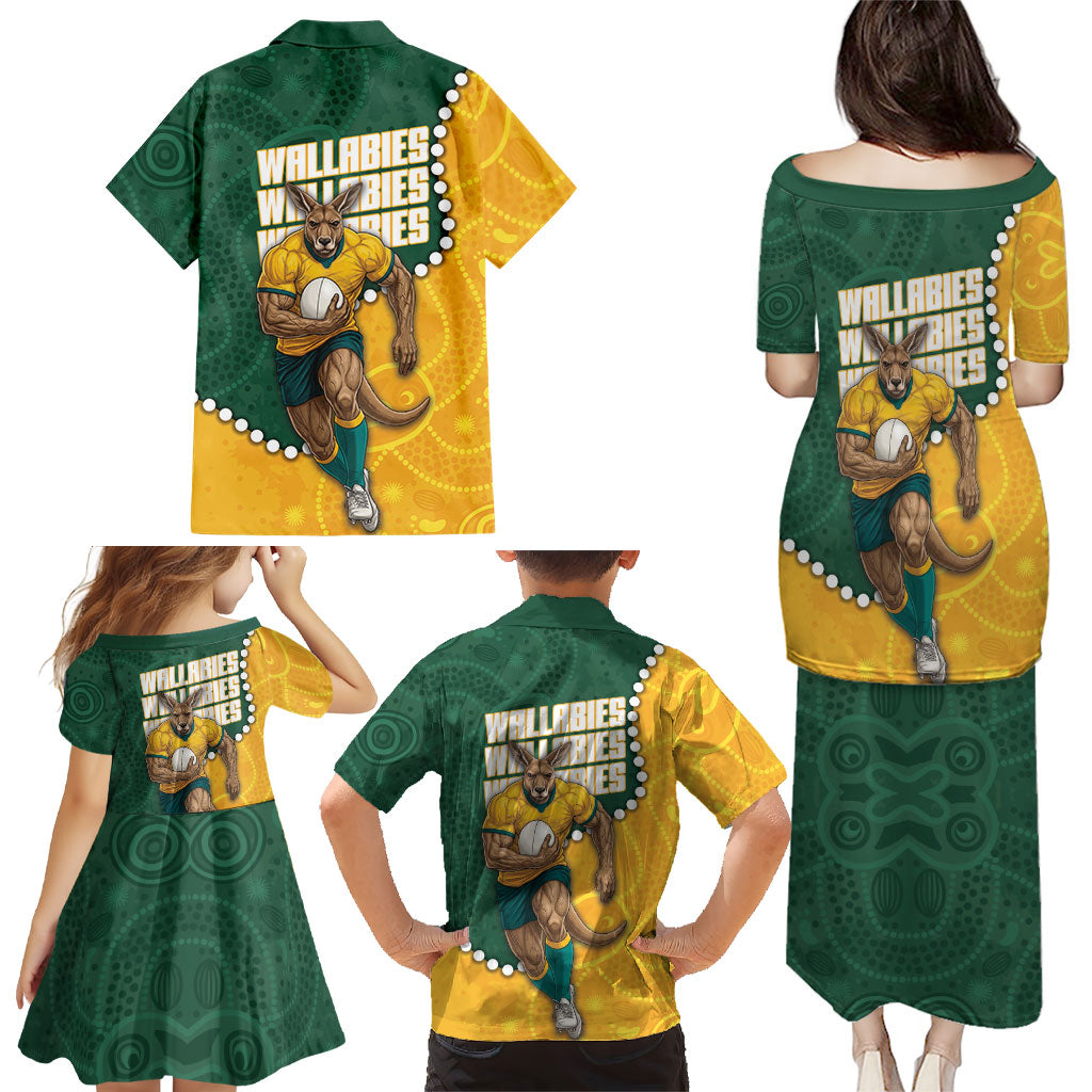 Australia Wallabies Rugby Mascot Family Matching Puletasi and Hawaiian Shirt Indigenous Dot Art Style - Muscular Kangaroo Graphic