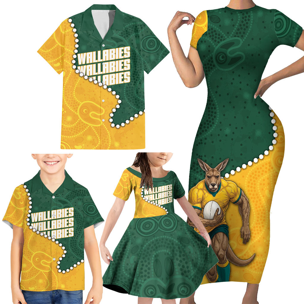 Australia Wallabies Rugby Mascot Family Matching Short Sleeve Bodycon Dress and Hawaiian Shirt Indigenous Dot Art Style - Muscular Kangaroo Graphic