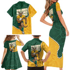 Australia Wallabies Rugby Mascot Family Matching Short Sleeve Bodycon Dress and Hawaiian Shirt Indigenous Dot Art Style - Muscular Kangaroo Graphic