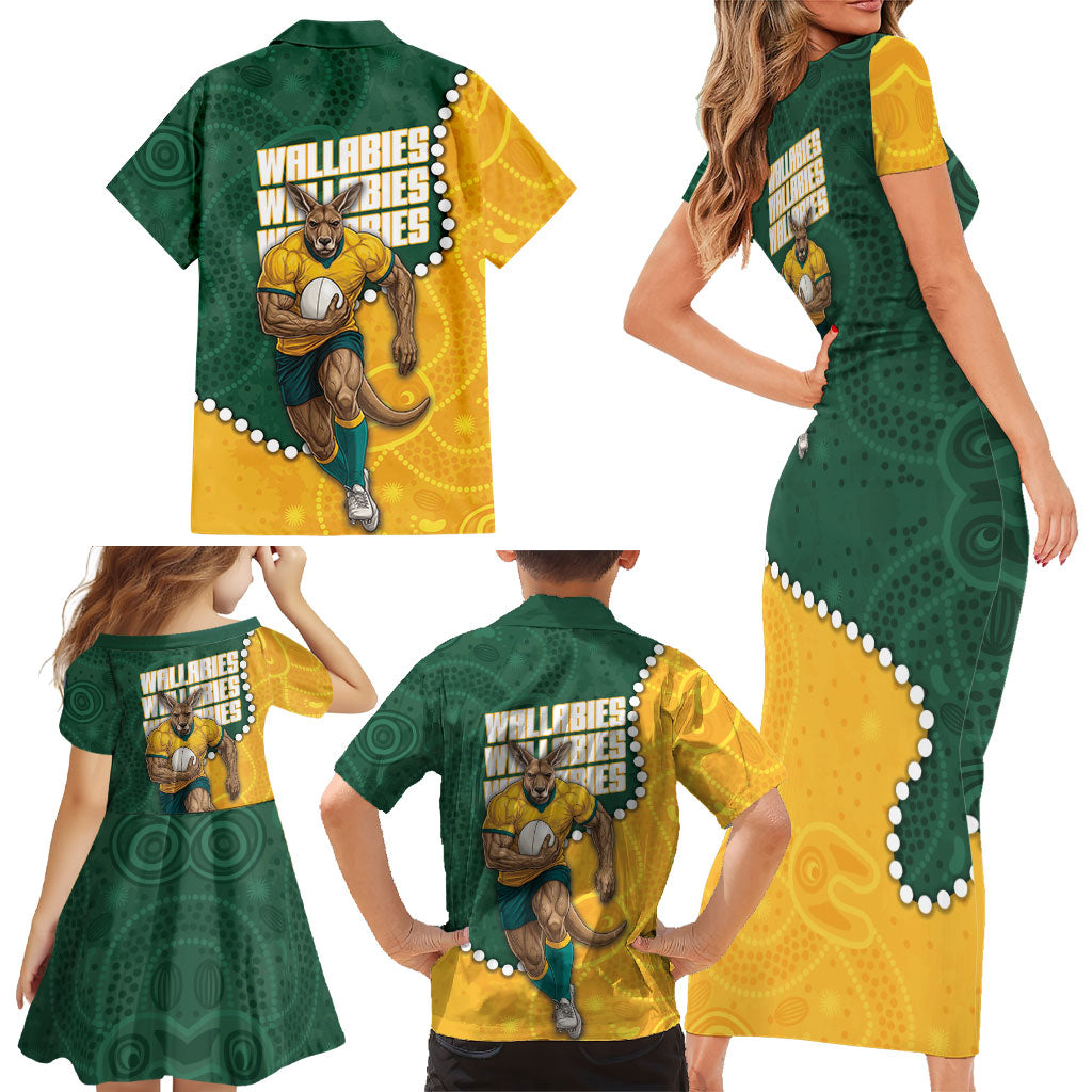 Australia Wallabies Rugby Mascot Family Matching Short Sleeve Bodycon Dress and Hawaiian Shirt Indigenous Dot Art Style - Muscular Kangaroo Graphic