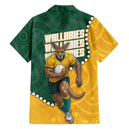Australia Wallabies Rugby Mascot Family Matching Short Sleeve Bodycon Dress and Hawaiian Shirt Indigenous Dot Art Style - Muscular Kangaroo Graphic