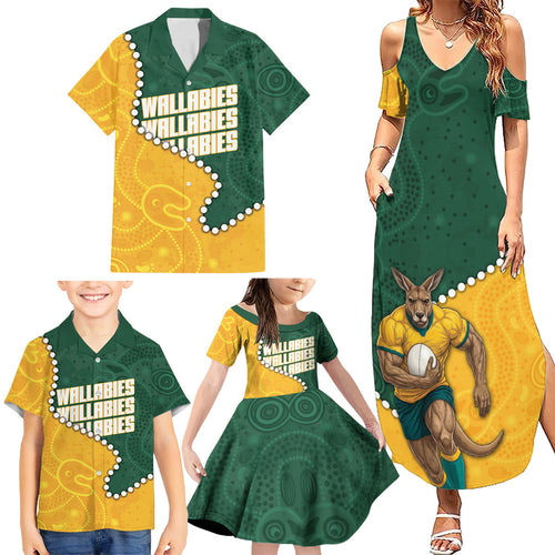 Australia Wallabies Rugby Mascot Family Matching Summer Maxi Dress and Hawaiian Shirt Indigenous Dot Art Style - Muscular Kangaroo Graphic