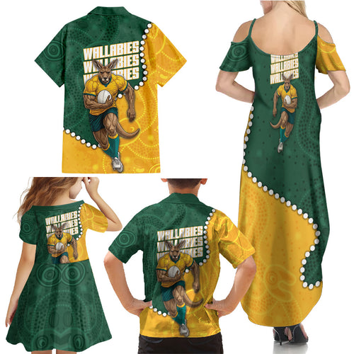 Australia Wallabies Rugby Mascot Family Matching Summer Maxi Dress and Hawaiian Shirt Indigenous Dot Art Style - Muscular Kangaroo Graphic