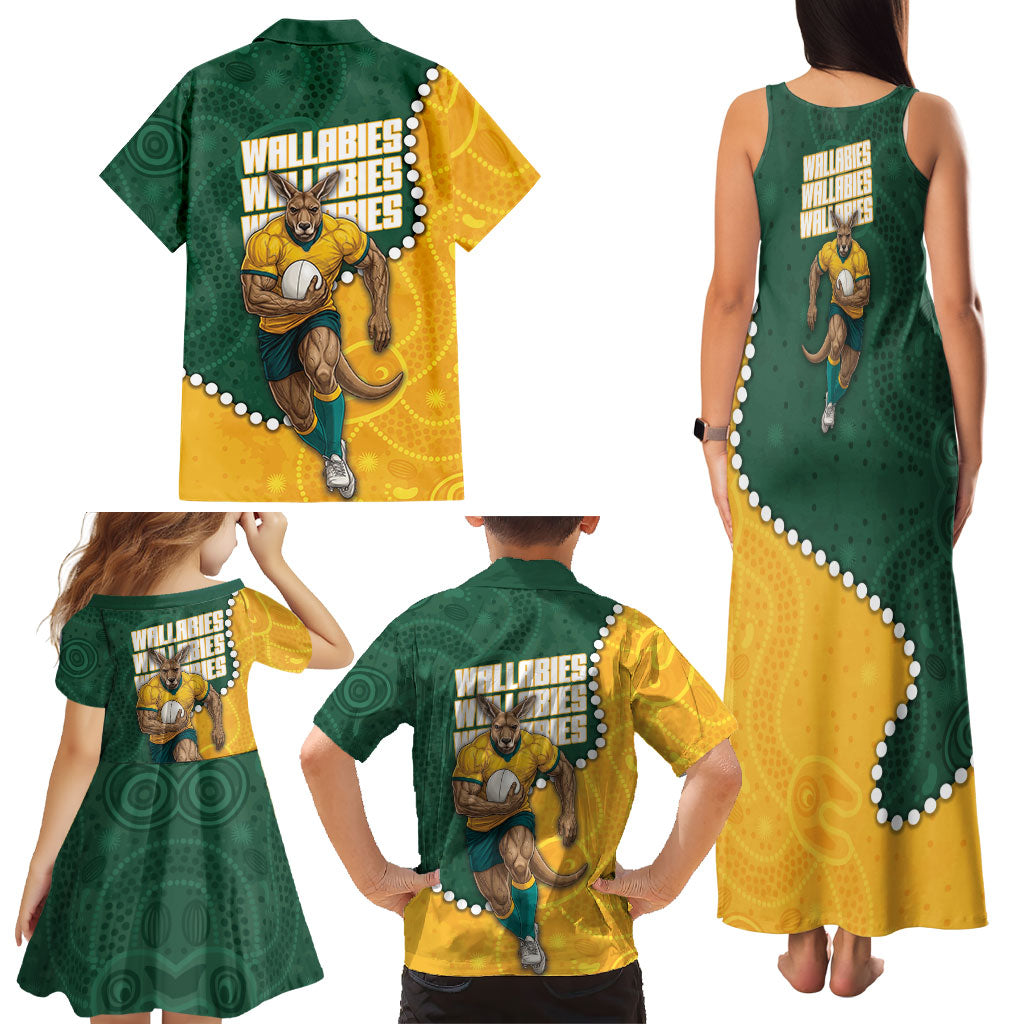 Australia Wallabies Rugby Mascot Family Matching Tank Maxi Dress and Hawaiian Shirt Indigenous Dot Art Style - Muscular Kangaroo Graphic