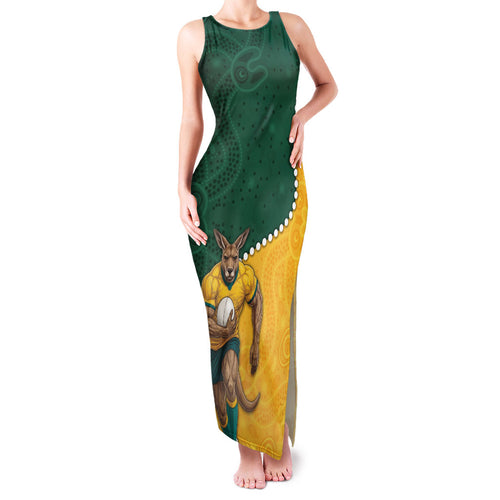 Australia Wallabies Rugby Mascot Family Matching Tank Maxi Dress and Hawaiian Shirt Indigenous Dot Art Style - Muscular Kangaroo Graphic