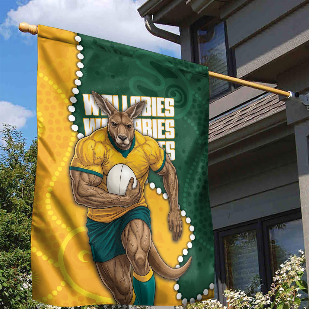 Australia Wallabies Rugby Mascot Garden Flag Indigenous Dot Art Style - Muscular Kangaroo Graphic