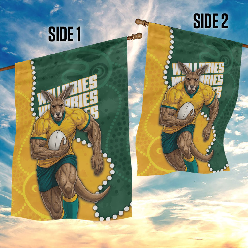 Australia Wallabies Rugby Mascot Garden Flag Indigenous Dot Art Style - Muscular Kangaroo Graphic