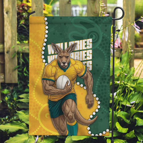 Australia Wallabies Rugby Mascot Garden Flag Indigenous Dot Art Style - Muscular Kangaroo Graphic