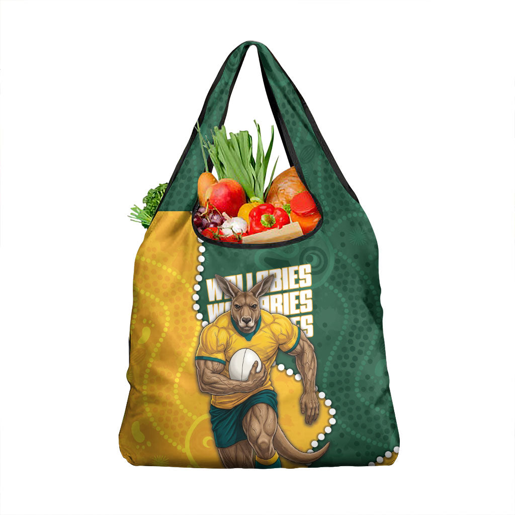 Australia Wallabies Rugby Mascot Grocery Bag Indigenous Dot Art Style - Muscular Kangaroo Graphic