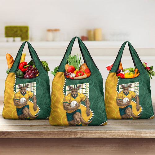 Australia Wallabies Rugby Mascot Grocery Bag Indigenous Dot Art Style - Muscular Kangaroo Graphic