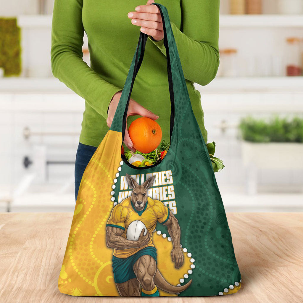 Australia Wallabies Rugby Mascot Grocery Bag Indigenous Dot Art Style - Muscular Kangaroo Graphic
