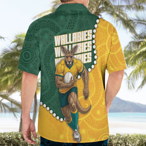 Australia Wallabies Rugby Mascot Hawaiian Shirt Indigenous Dot Art Style - Muscular Kangaroo Graphic