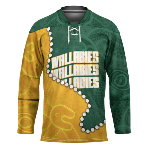 Australia Wallabies Rugby Mascot Hockey Jersey Indigenous Dot Art Style - Muscular Kangaroo Graphic