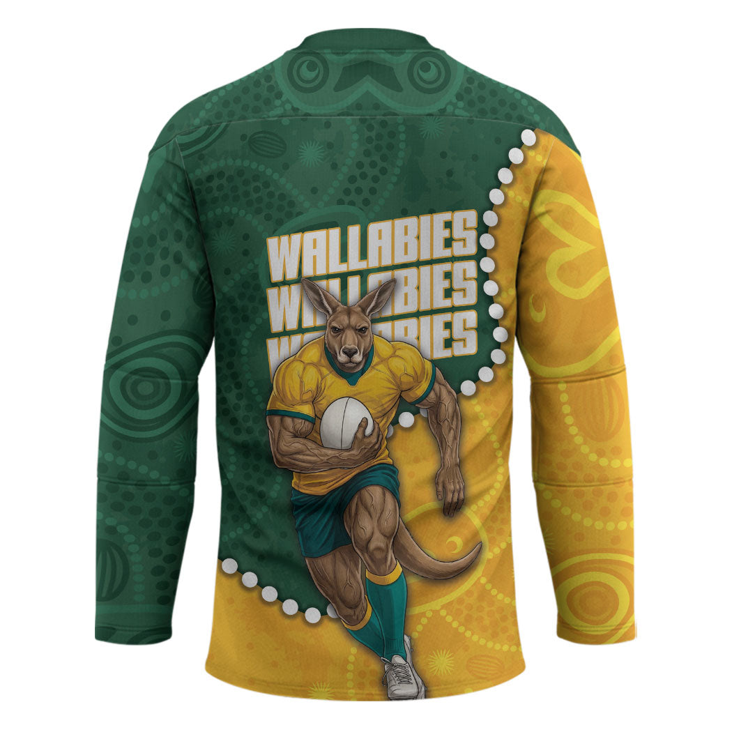 Australia Wallabies Rugby Mascot Hockey Jersey Indigenous Dot Art Style - Muscular Kangaroo Graphic