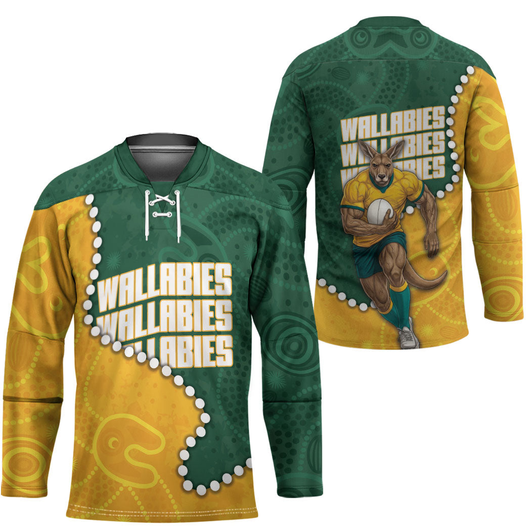 Australia Wallabies Rugby Mascot Hockey Jersey Indigenous Dot Art Style - Muscular Kangaroo Graphic