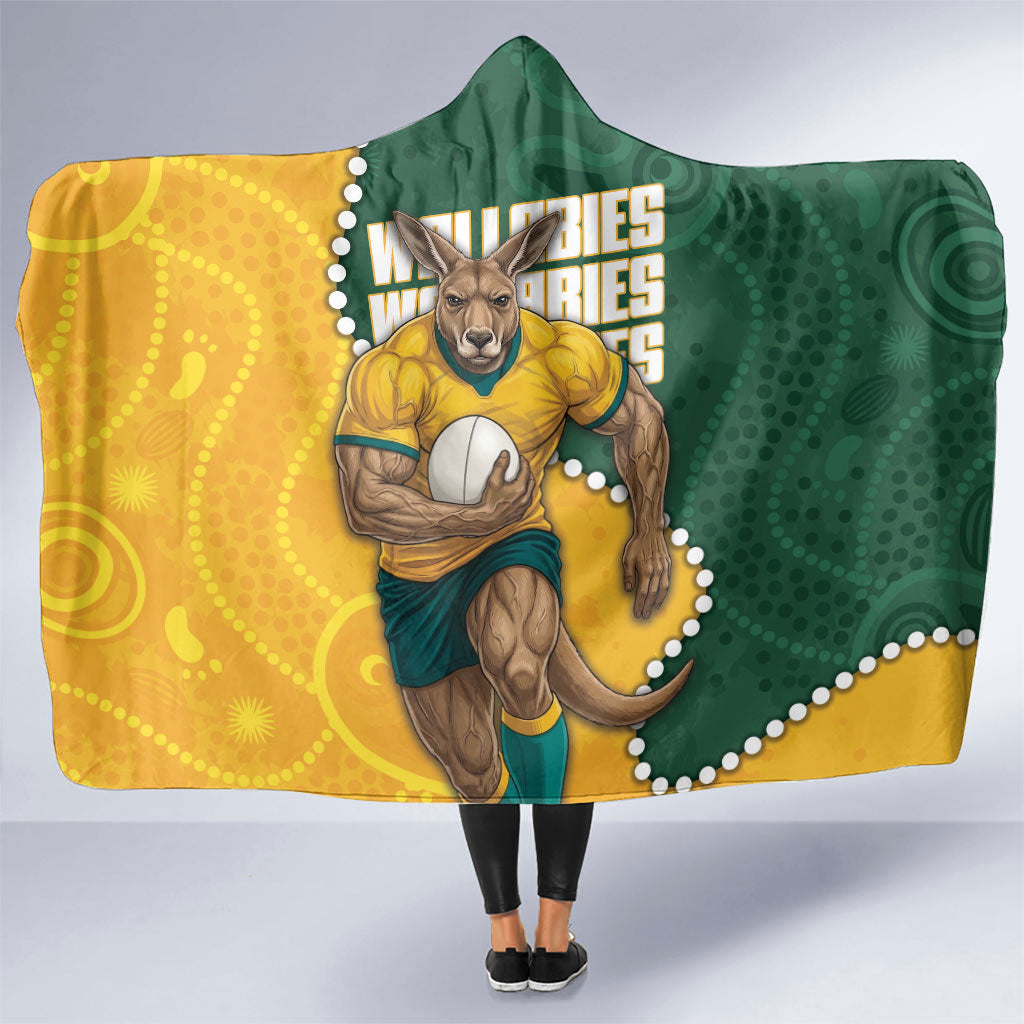 Australia Wallabies Rugby Mascot Hooded Blanket Indigenous Dot Art Style - Muscular Kangaroo Graphic