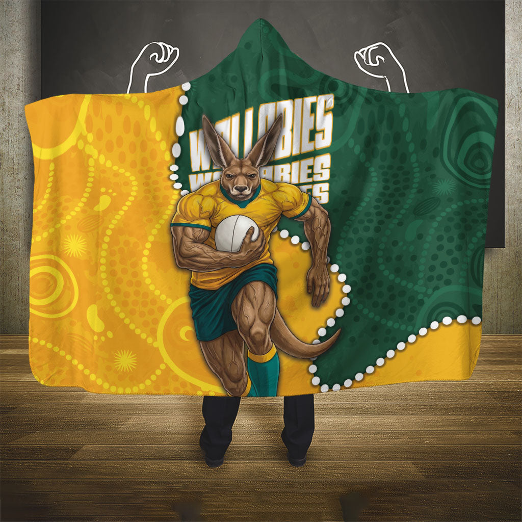 Australia Wallabies Rugby Mascot Hooded Blanket Indigenous Dot Art Style - Muscular Kangaroo Graphic