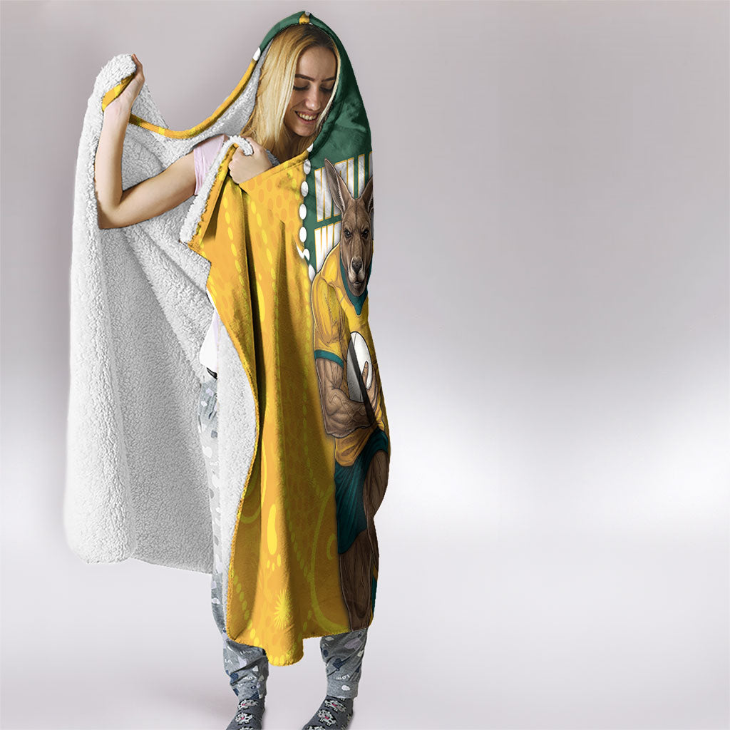 Australia Wallabies Rugby Mascot Hooded Blanket Indigenous Dot Art Style - Muscular Kangaroo Graphic