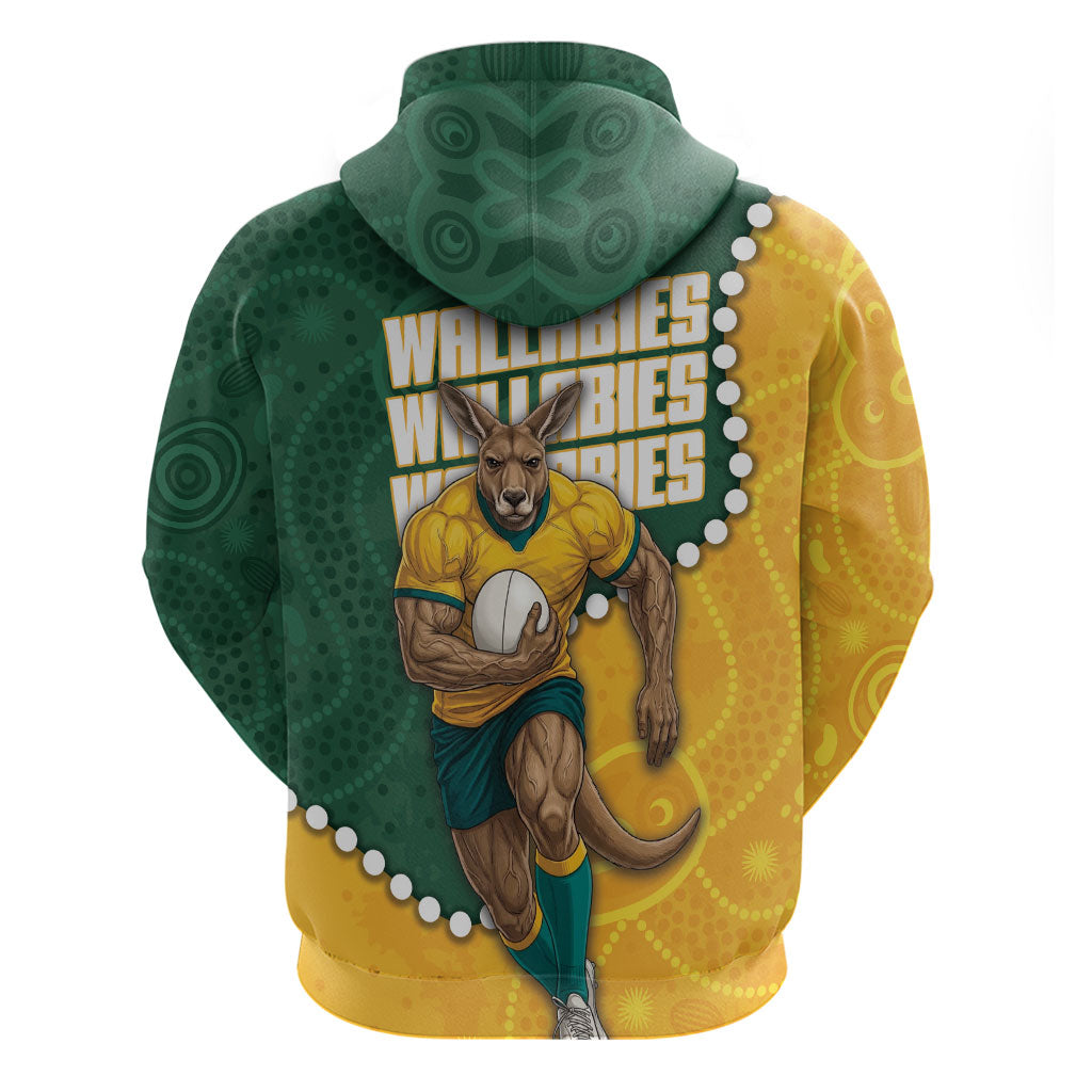 Australia Wallabies Rugby Mascot Hoodie Indigenous Dot Art Style - Muscular Kangaroo Graphic
