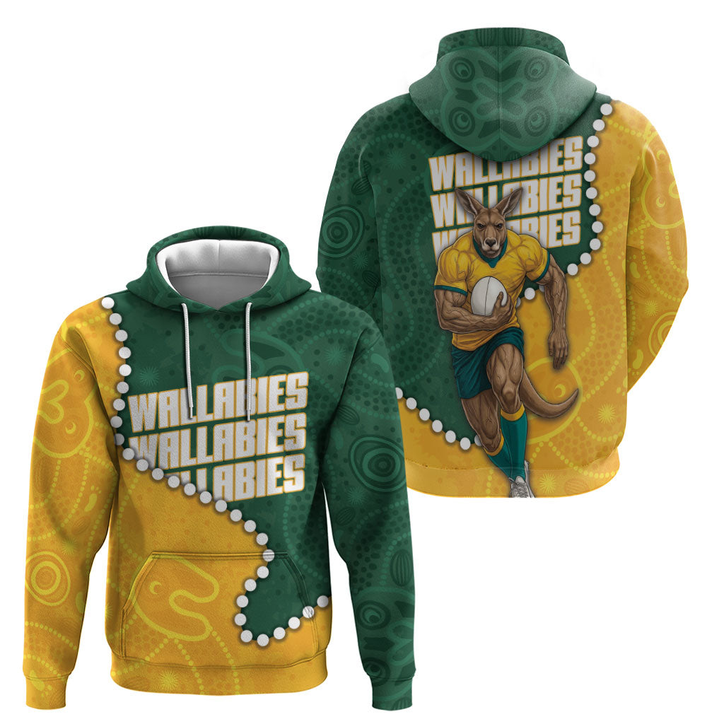 Australia Wallabies Rugby Mascot Hoodie Indigenous Dot Art Style - Muscular Kangaroo Graphic