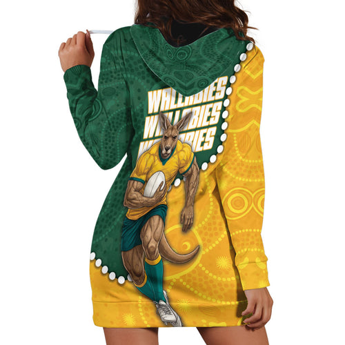 Australia Wallabies Rugby Mascot Hoodie Dress Indigenous Dot Art Style - Muscular Kangaroo Graphic