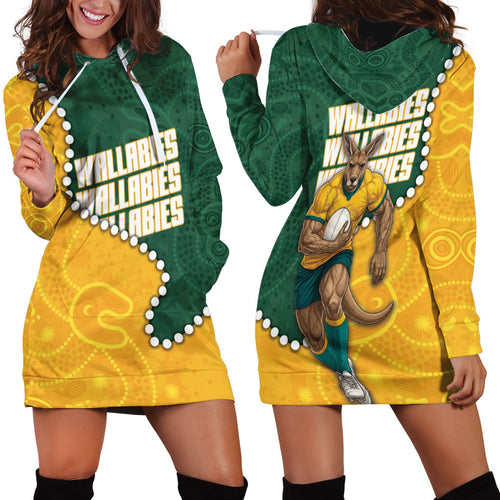Australia Wallabies Rugby Mascot Hoodie Dress Indigenous Dot Art Style - Muscular Kangaroo Graphic