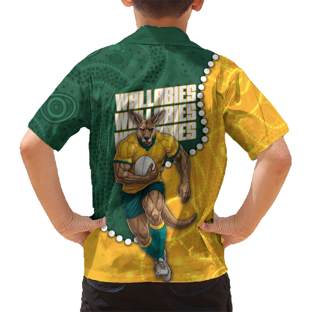 Australia Wallabies Rugby Mascot Kid Hawaiian Shirt Indigenous Dot Art Style - Muscular Kangaroo Graphic