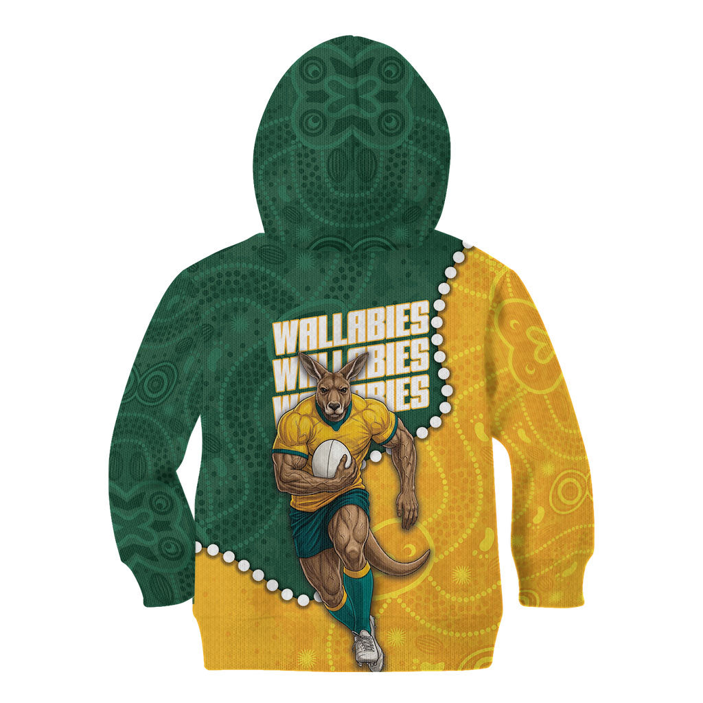 Australia Wallabies Rugby Mascot Kid Hoodie Indigenous Dot Art Style - Muscular Kangaroo Graphic