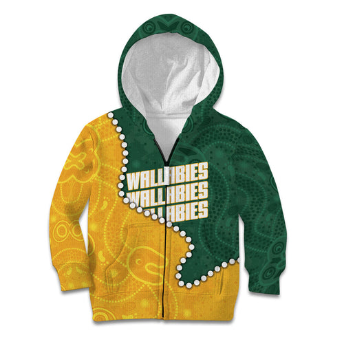 Australia Wallabies Rugby Mascot Kid Hoodie Indigenous Dot Art Style - Muscular Kangaroo Graphic