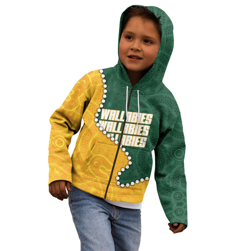 Australia Wallabies Rugby Mascot Kid Hoodie Indigenous Dot Art Style - Muscular Kangaroo Graphic