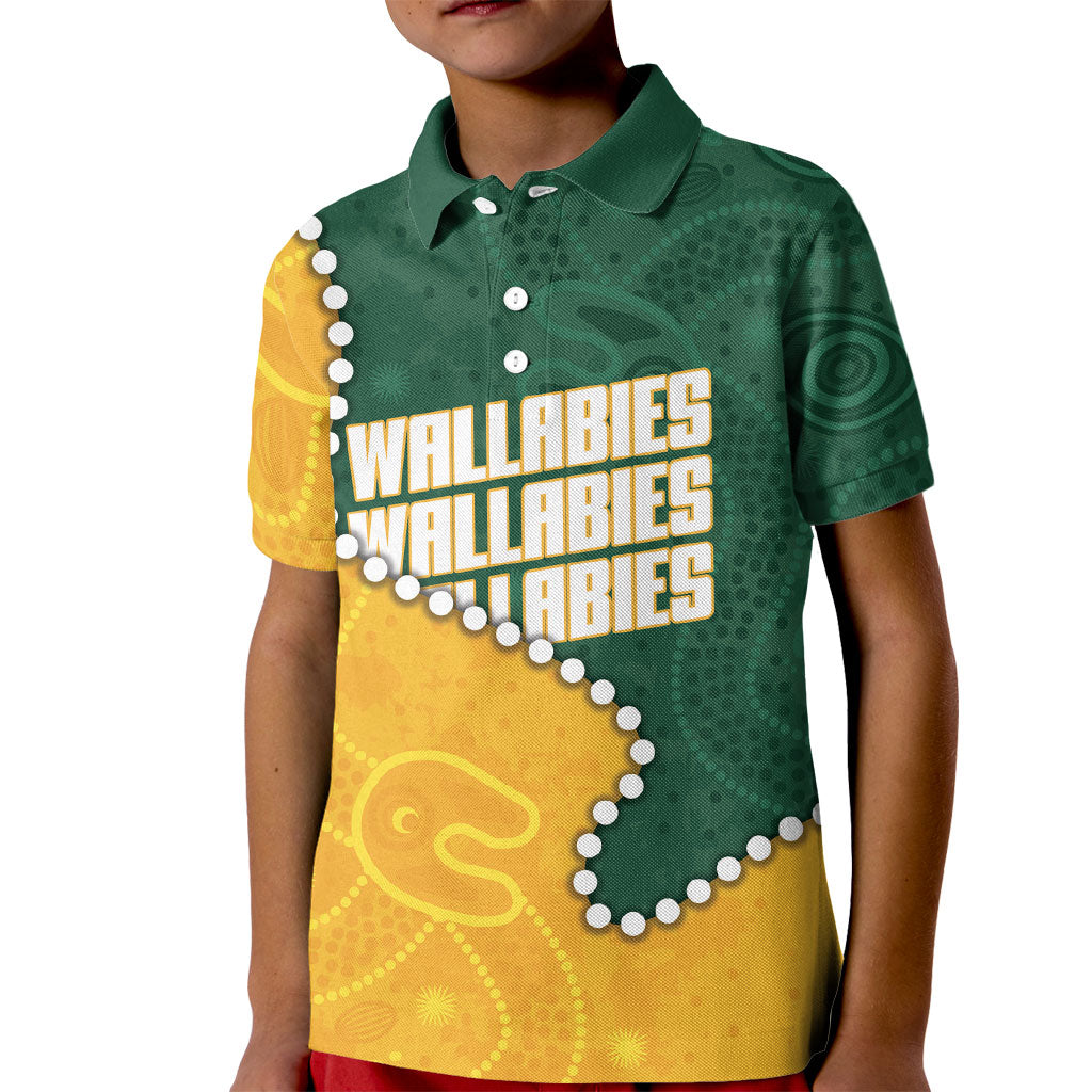 Australia Wallabies Rugby Mascot Kid Polo Shirt Indigenous Dot Art Style - Muscular Kangaroo Graphic