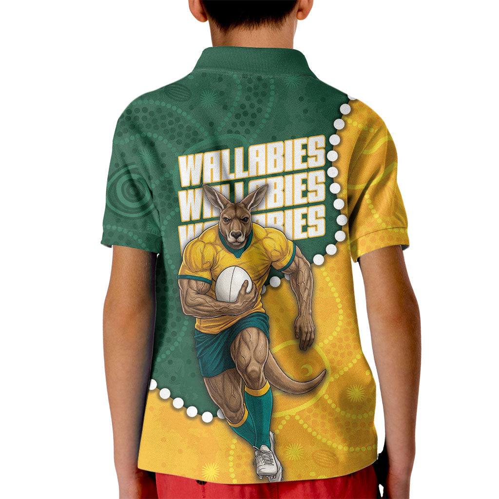 Australia Wallabies Rugby Mascot Kid Polo Shirt Indigenous Dot Art Style - Muscular Kangaroo Graphic