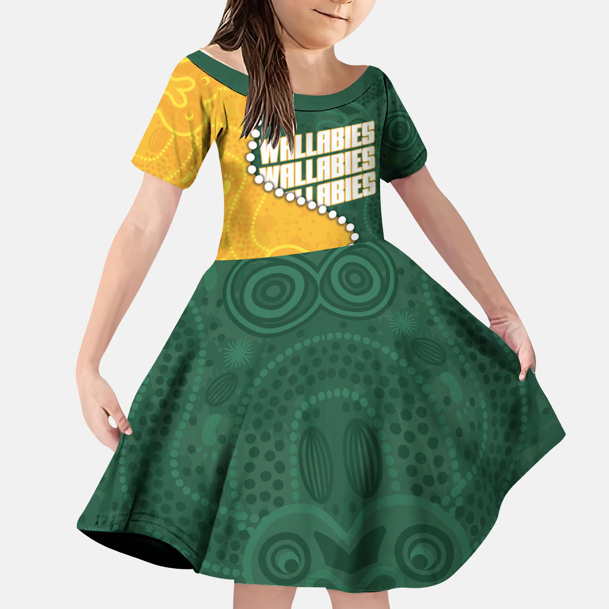 Australia Wallabies Rugby Mascot Kid Short Sleeve Dress Indigenous Dot Art Style - Muscular Kangaroo Graphic