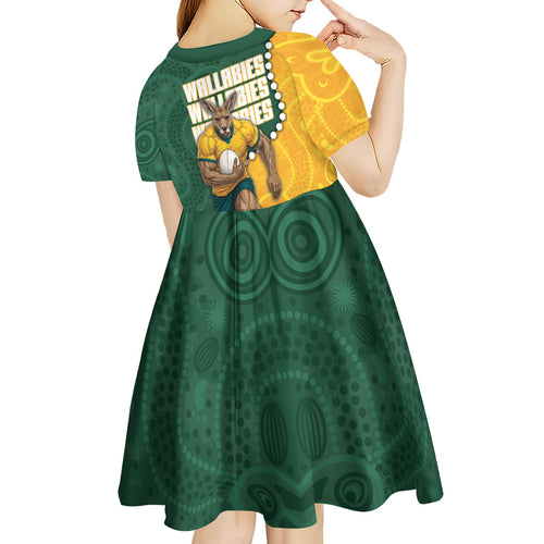 Australia Wallabies Rugby Mascot Kid Short Sleeve Dress Indigenous Dot Art Style - Muscular Kangaroo Graphic