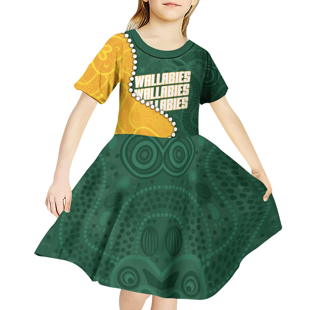 Australia Wallabies Rugby Mascot Kid Short Sleeve Dress Indigenous Dot Art Style - Muscular Kangaroo Graphic
