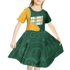 Australia Wallabies Rugby Mascot Kid Short Sleeve Dress Indigenous Dot Art Style - Muscular Kangaroo Graphic