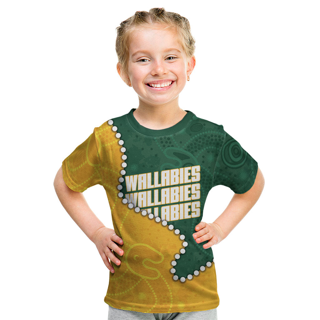 Australia Wallabies Rugby Mascot Kid T Shirt Indigenous Dot Art Style - Muscular Kangaroo Graphic