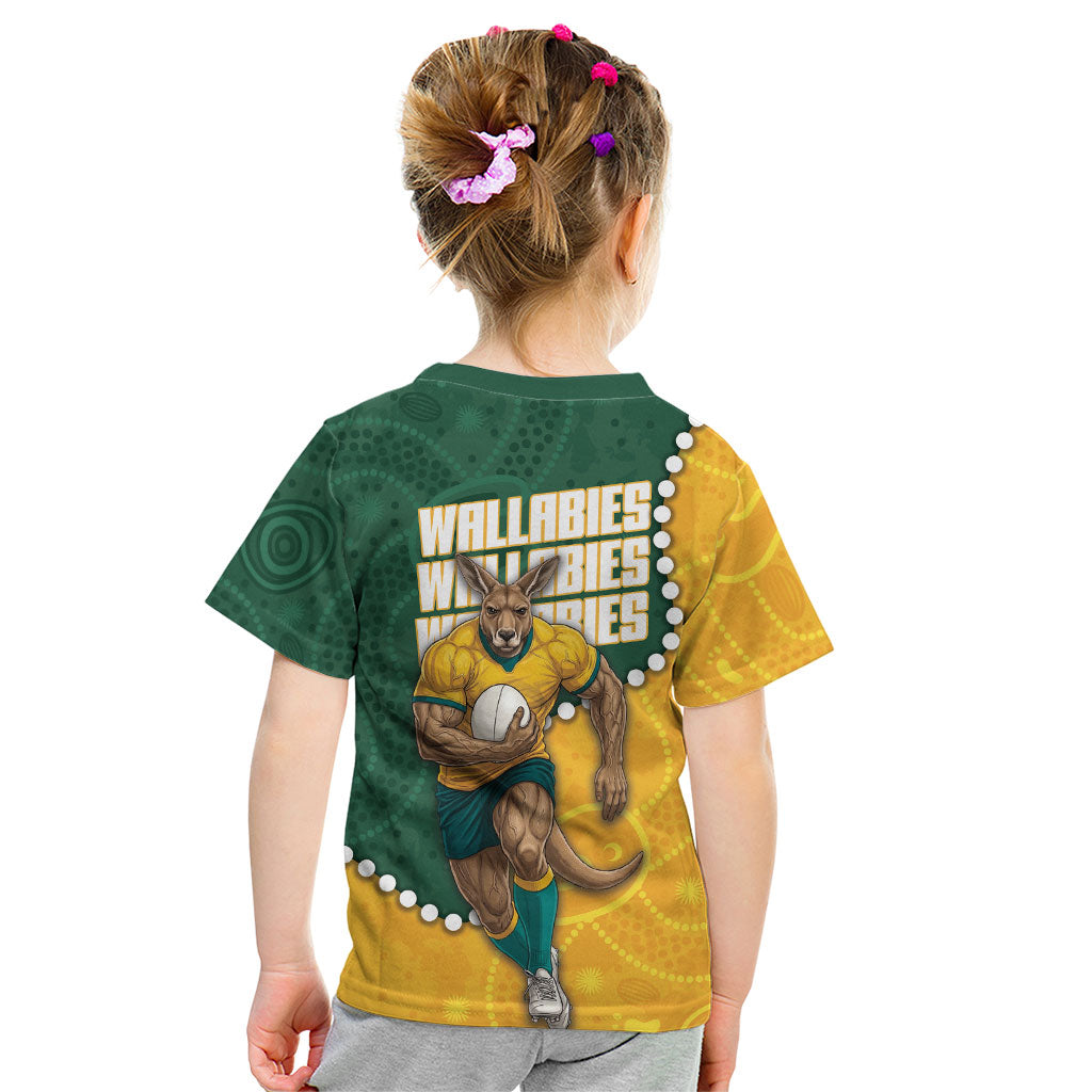 Australia Wallabies Rugby Mascot Kid T Shirt Indigenous Dot Art Style - Muscular Kangaroo Graphic