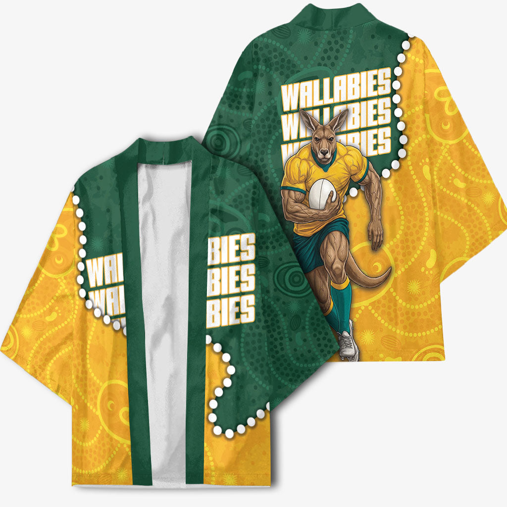 Australia Wallabies Rugby Mascot Kimono Indigenous Dot Art Style - Muscular Kangaroo Graphic