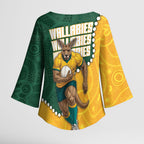 Australia Wallabies Rugby Mascot Kimono Sleeve Blouse Indigenous Dot Art Style - Muscular Kangaroo Graphic