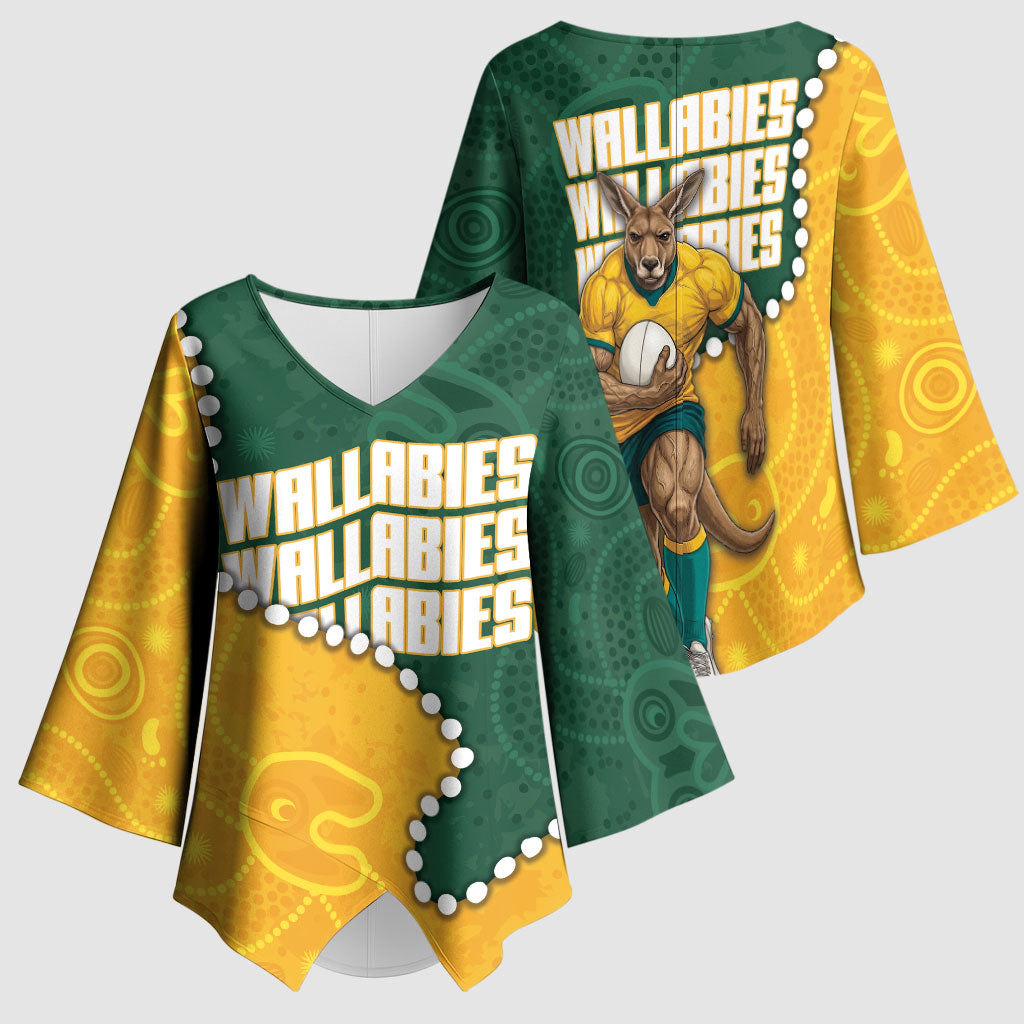 Australia Wallabies Rugby Mascot Kimono Sleeve Blouse Indigenous Dot Art Style - Muscular Kangaroo Graphic