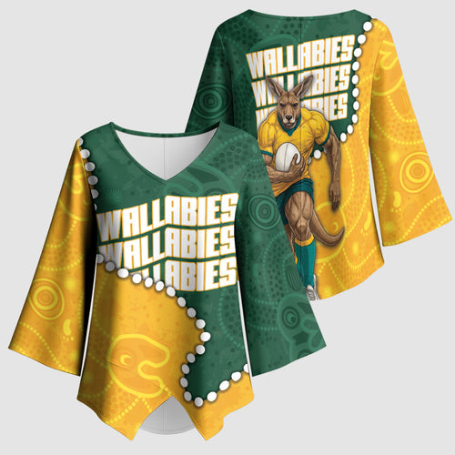 Australia Wallabies Rugby Mascot Kimono Sleeve Blouse Indigenous Dot Art Style - Muscular Kangaroo Graphic