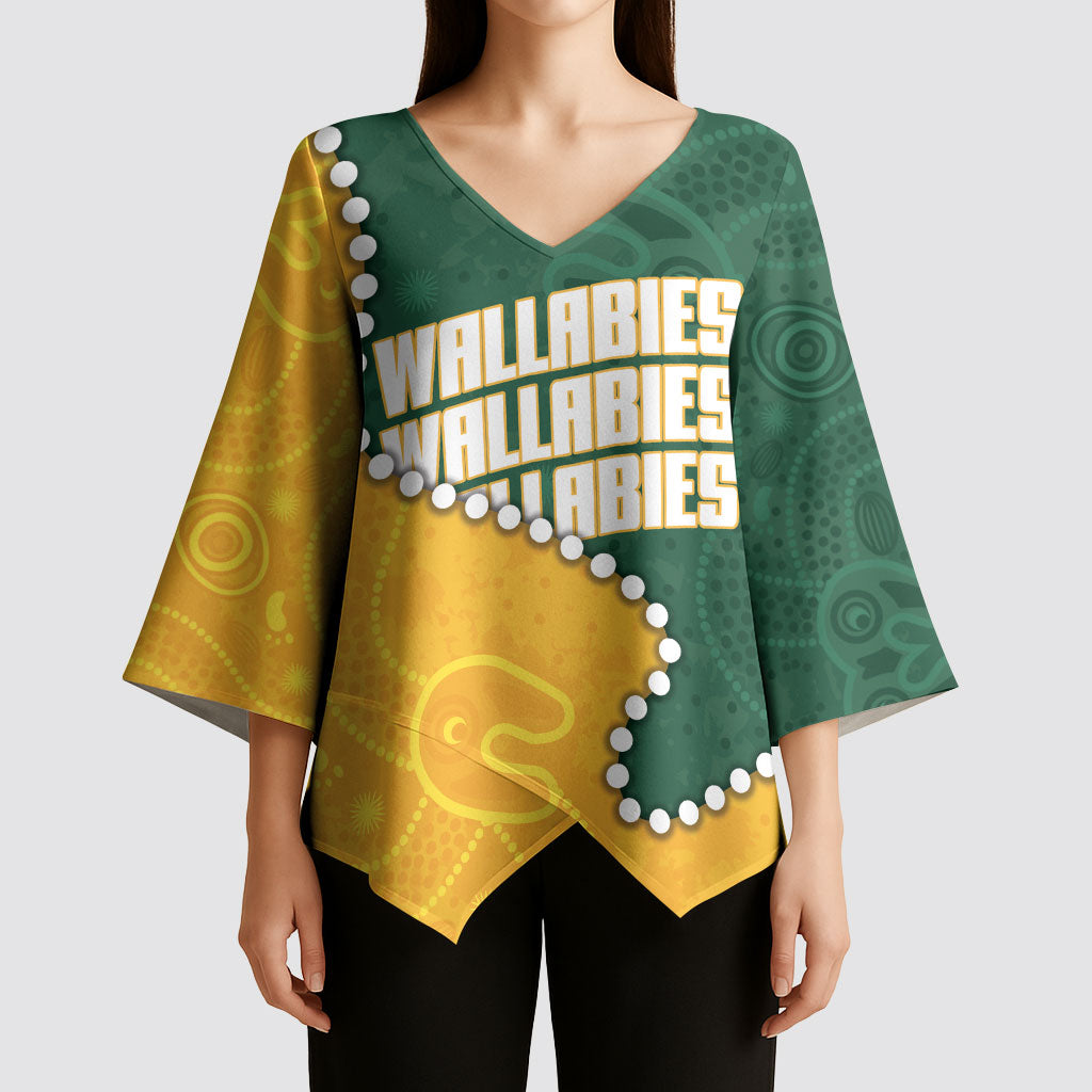 Australia Wallabies Rugby Mascot Kimono Sleeve Blouse Indigenous Dot Art Style - Muscular Kangaroo Graphic