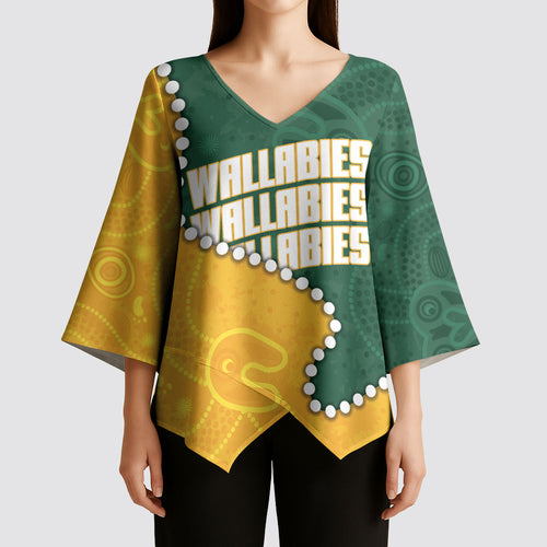 Australia Wallabies Rugby Mascot Kimono Sleeve Blouse Indigenous Dot Art Style - Muscular Kangaroo Graphic