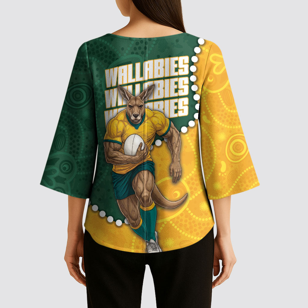 Australia Wallabies Rugby Mascot Kimono Sleeve Blouse Indigenous Dot Art Style - Muscular Kangaroo Graphic