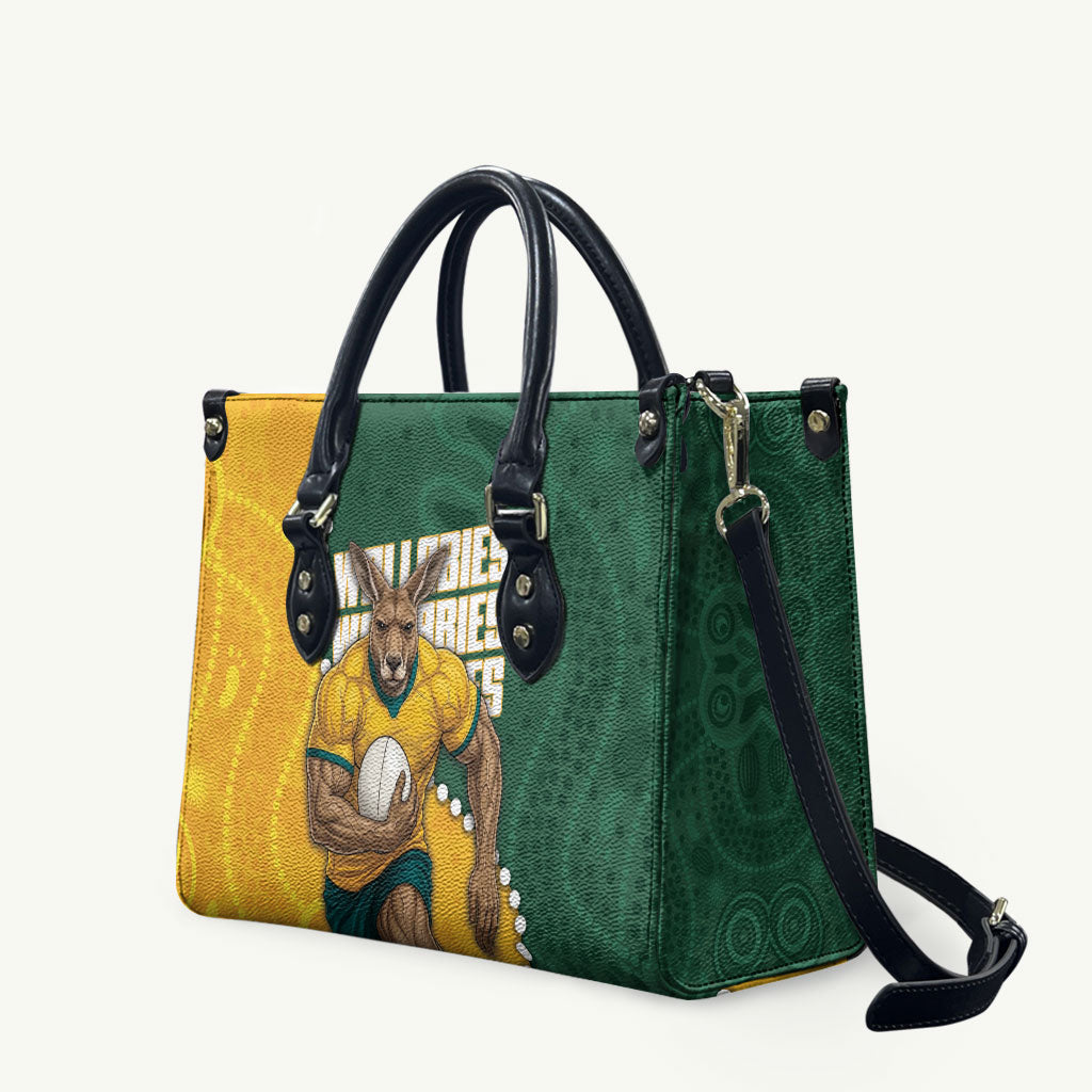 Australia Wallabies Rugby Mascot Leather Bag Indigenous Dot Art Style - Muscular Kangaroo Graphic