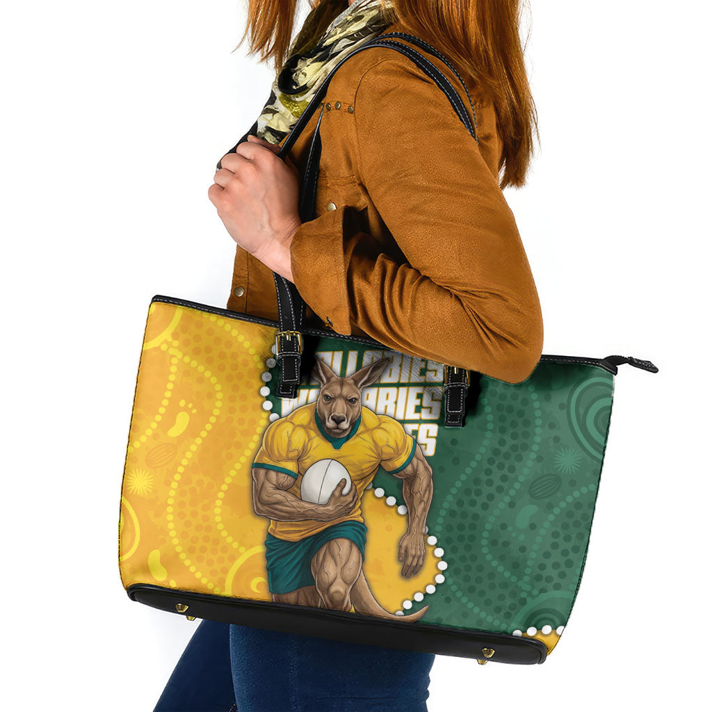 Australia Wallabies Rugby Mascot Leather Tote Bag Indigenous Dot Art Style - Muscular Kangaroo Graphic