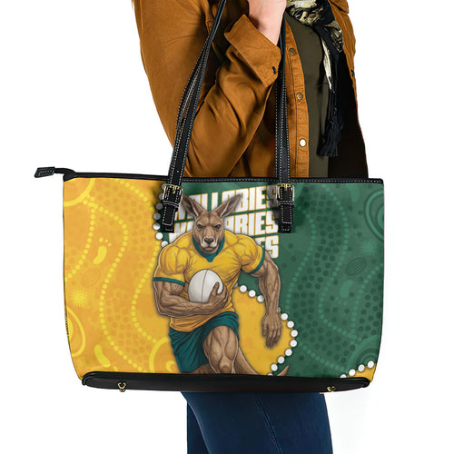 Australia Wallabies Rugby Mascot Leather Tote Bag Indigenous Dot Art Style - Muscular Kangaroo Graphic